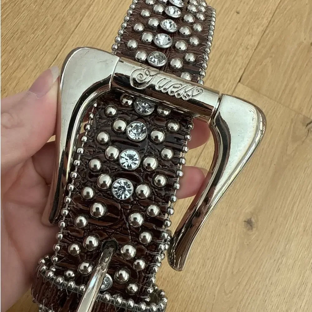 Guess Faux Leather Belt Studs Rhinestones Western Size S Brown Silver